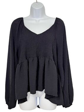 Black Smocked Peplum Long-Sleeve Blouse